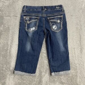 Ariya Capri Size 7/8 Jeans Juniors Thick Stitch Lace Distressed‎ Denim Dark Wash
